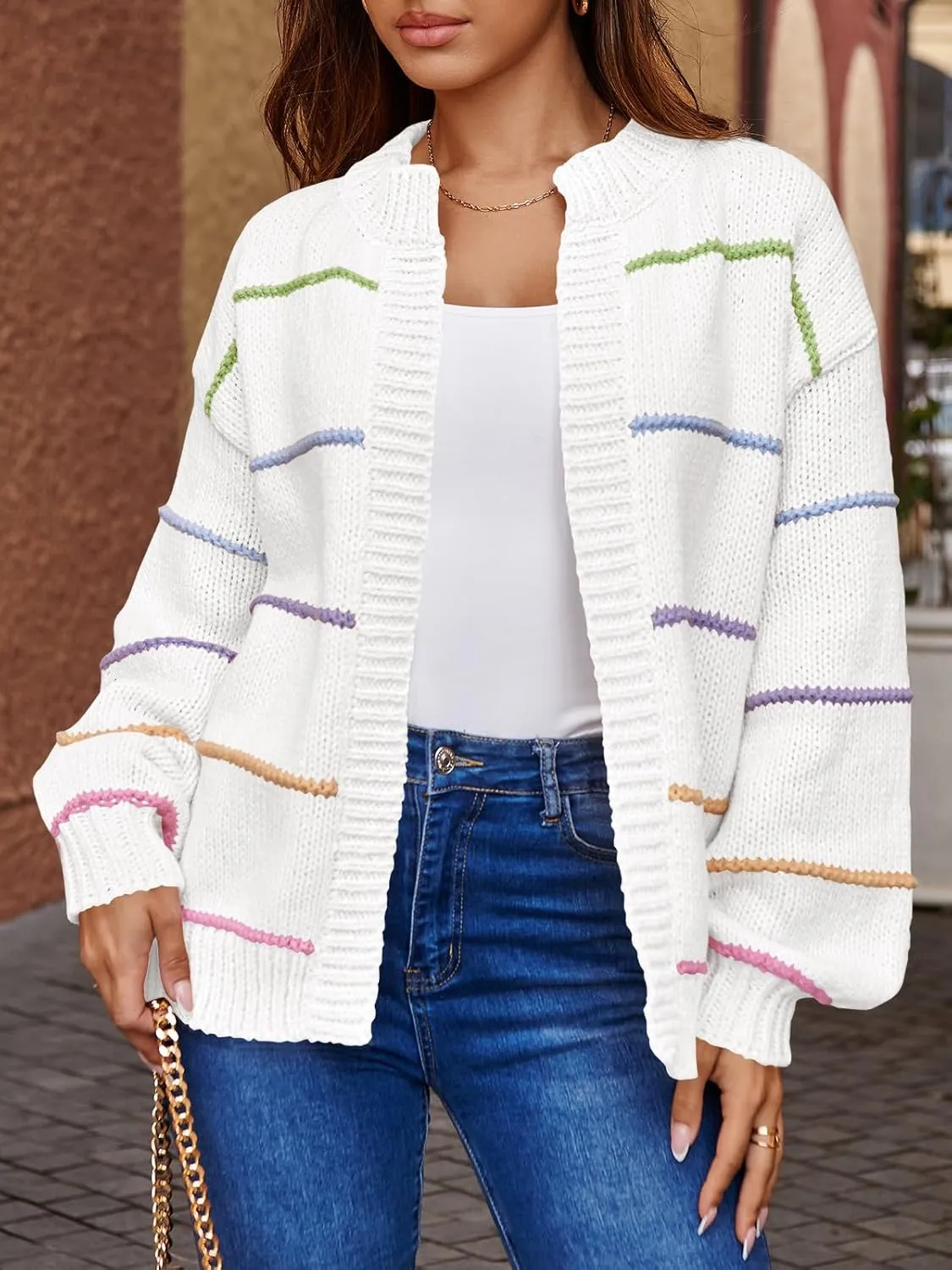 Saodimallsu Womens Color Block Cardigan Sweater Striped Open Front 2024 Fall Chunky Trendy Knit Loose Sweater Coats