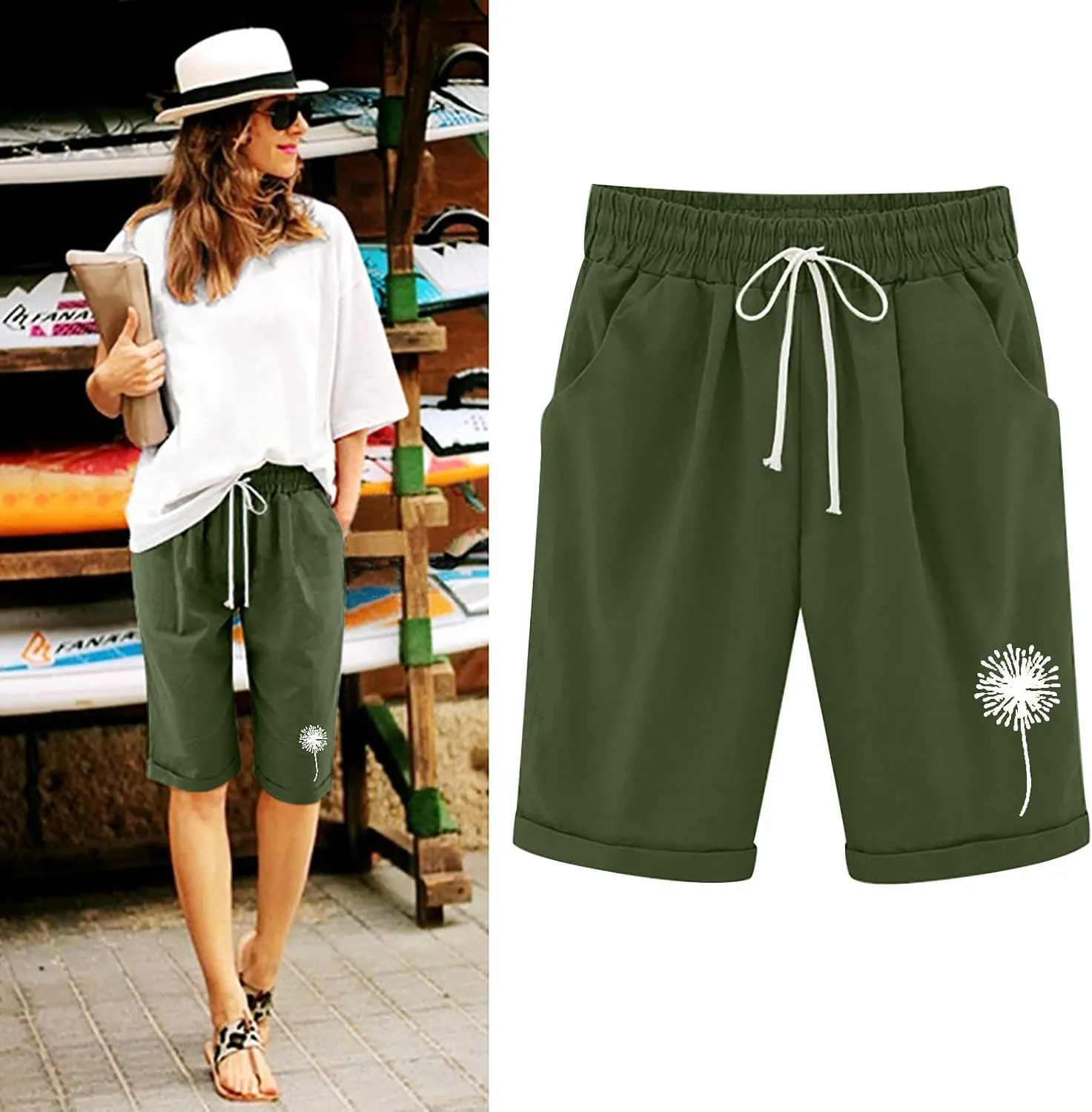 sdbrld Bermuda Shorts for Women,Womens Bermuda Shorts Trendy Knee-Length Bermuda Lounge Shorts with Elastic Waist Drawstring
