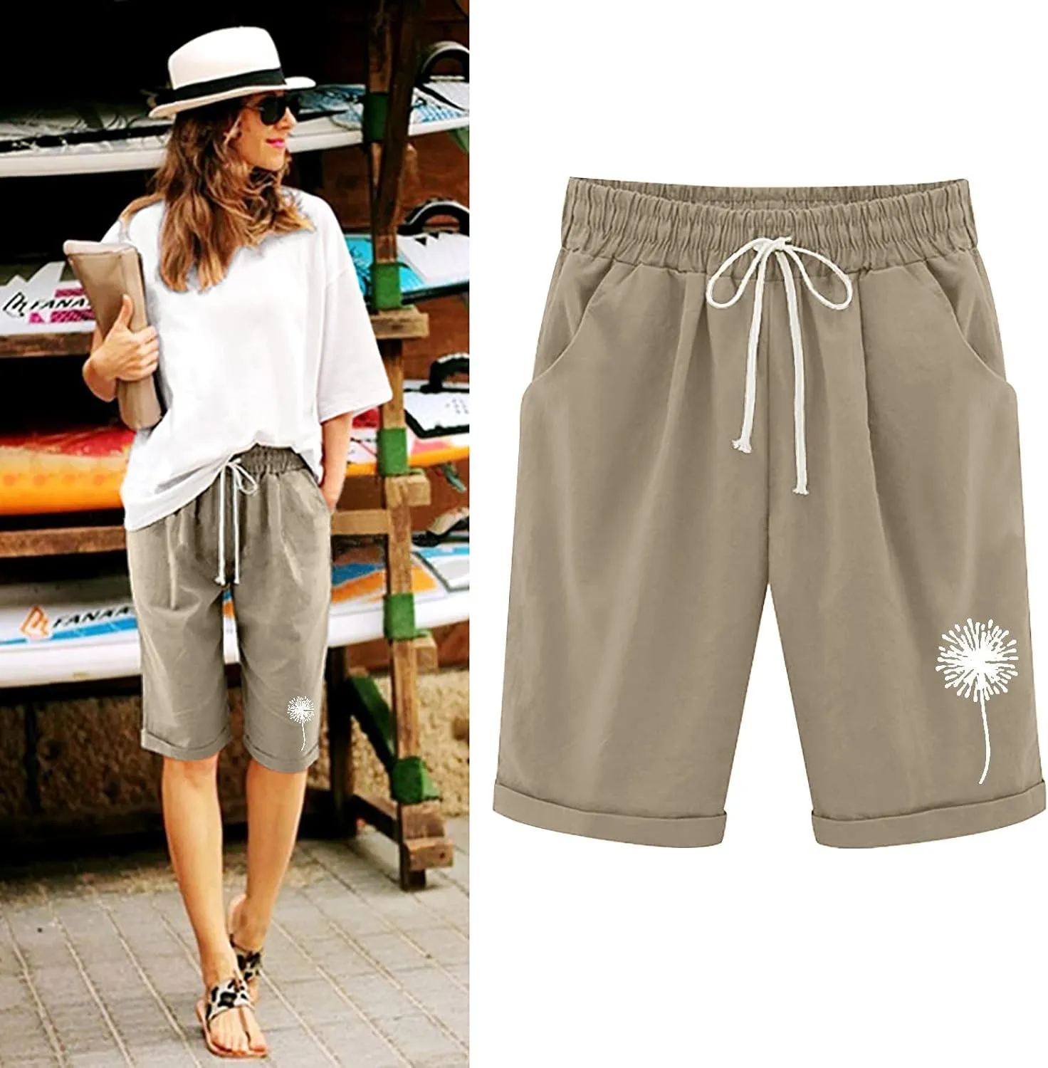 sdbrld Bermuda Shorts for Women,Womens Bermuda Shorts Trendy Knee-Length Bermuda Lounge Shorts with Elastic Waist Drawstring