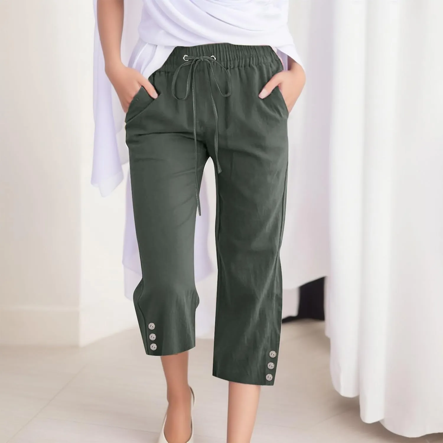 sdbrld Linen Pants for Women,Womens Casual Capris Pants High Waist Drawstring Pants Lightweight Buttons Trousers with Pockets