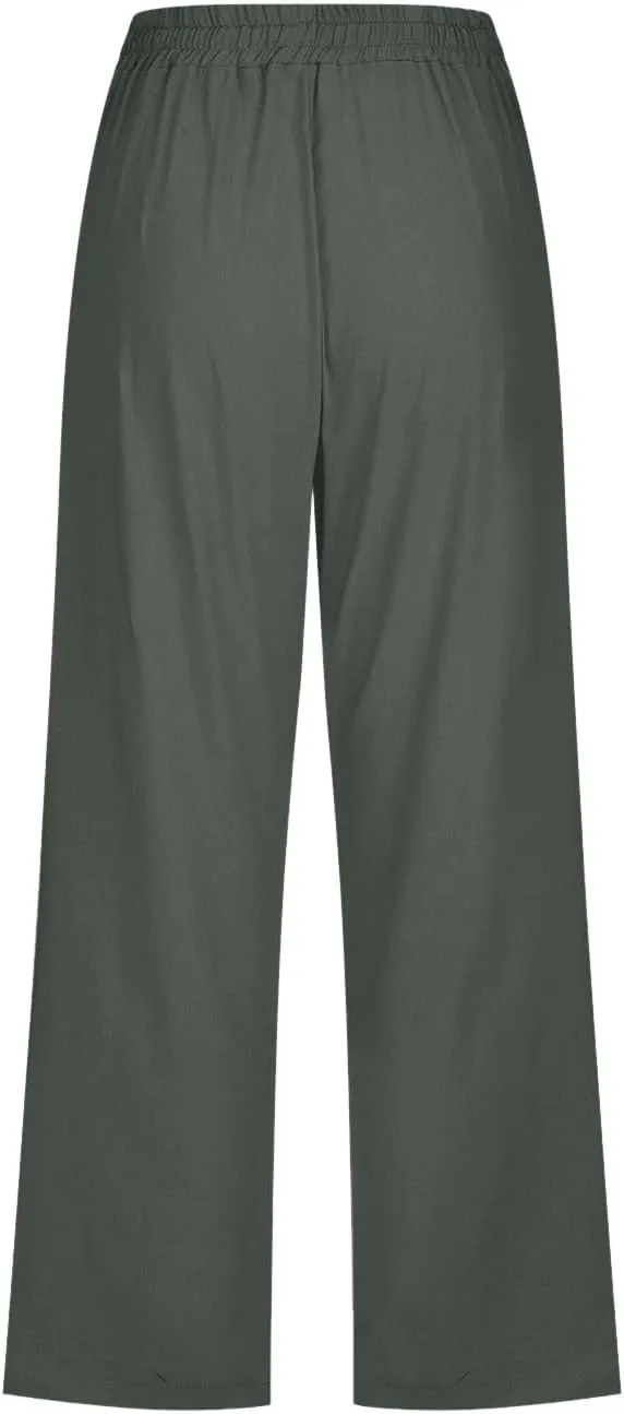 sdbrld Linen Pants for Women,Womens Casual Capris Pants High Waist Drawstring Pants Lightweight Buttons Trousers with Pockets