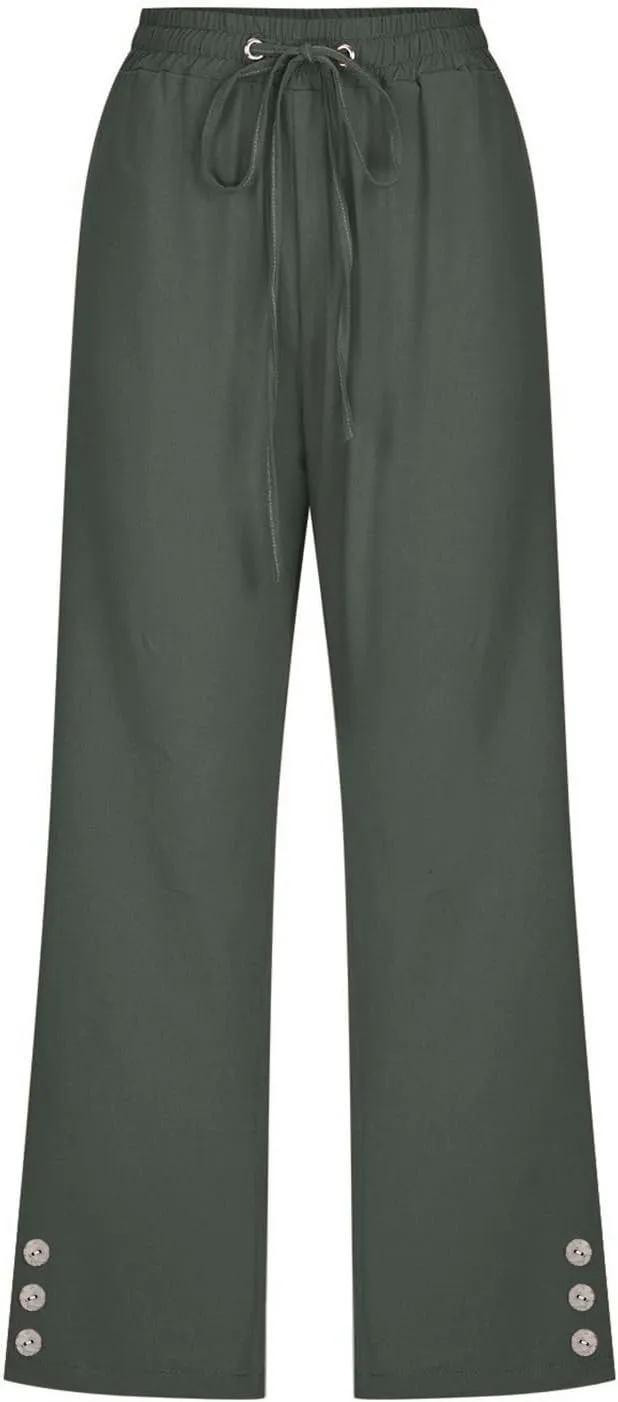 sdbrld Linen Pants for Women,Womens Casual Capris Pants High Waist Drawstring Pants Lightweight Buttons Trousers with Pockets