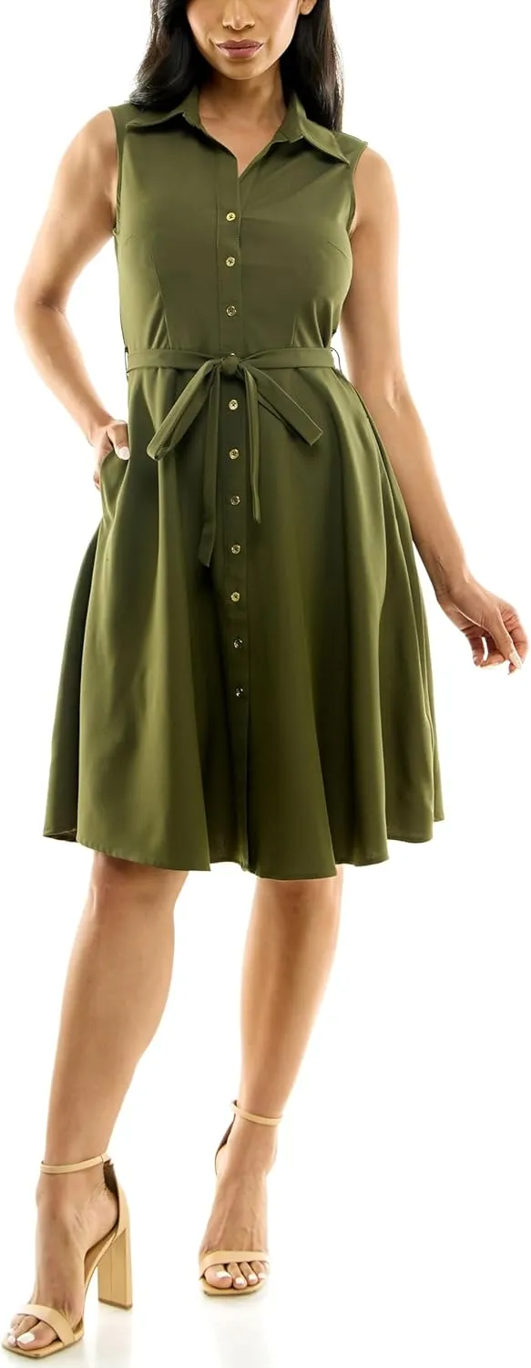 Sharagano Women's Sleeveless Button Front Shirt Dress with Sweep