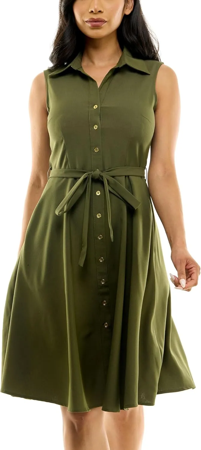 Sharagano Women's Sleeveless Button Front Shirt Dress with Sweep