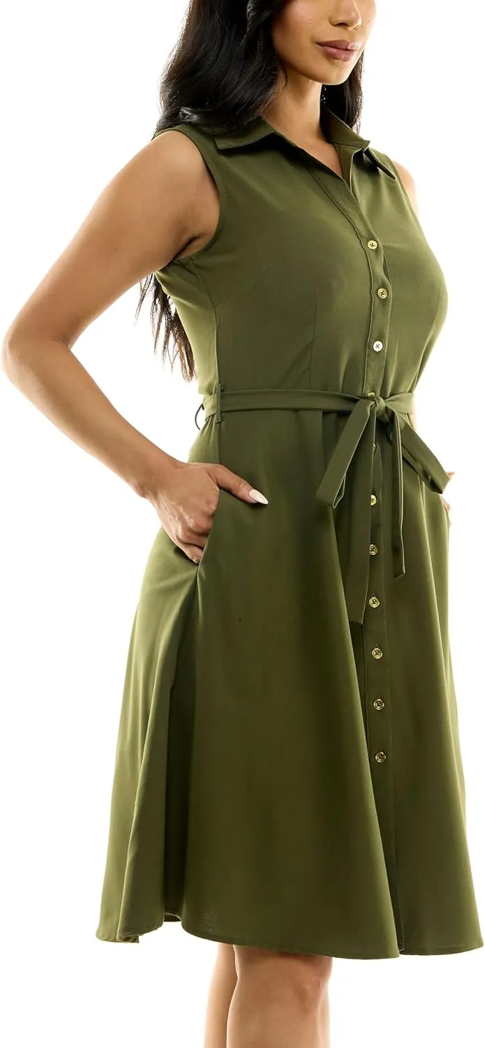 Sharagano Women's Sleeveless Button Front Shirt Dress with Sweep