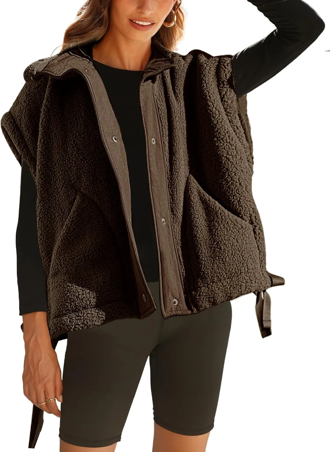 Sherpa Jacket for Women Casual Fleece Vest Oversized Sleeveless Outwear Warm Button Down Gilet with Pockets