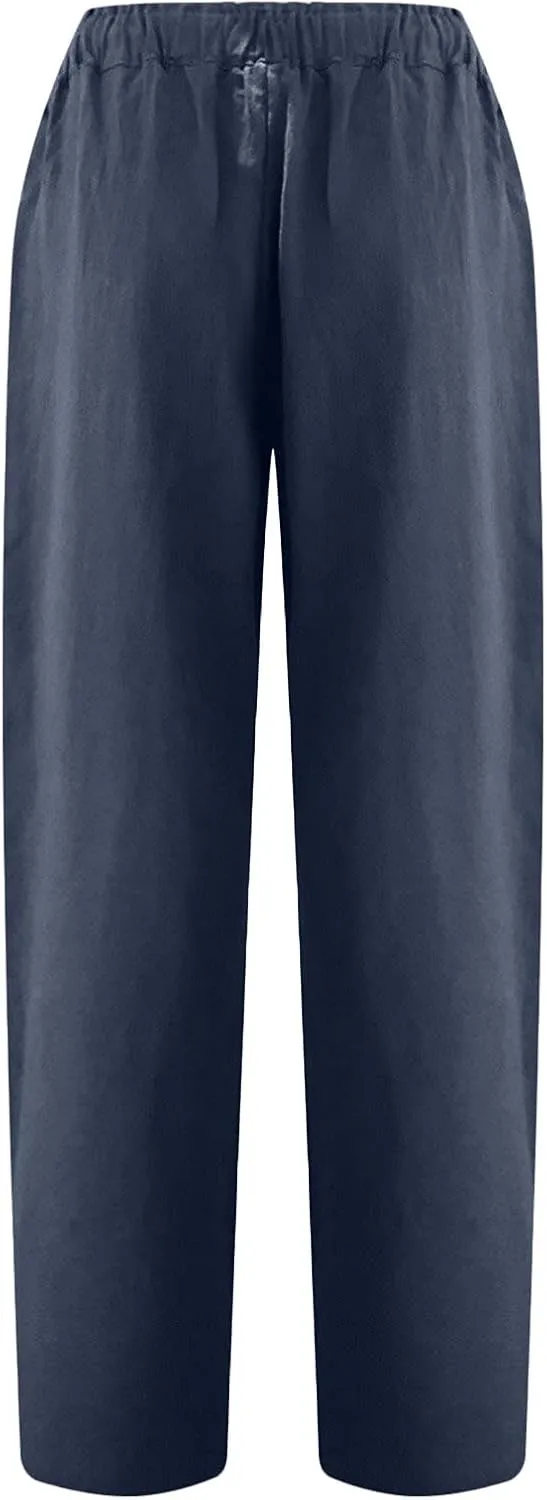 SMIDOW Women's Capris and Cropped Pants Drawstring Elastic High Waist Straight Leg Casual Loose Lounge Linen Pant Trousers