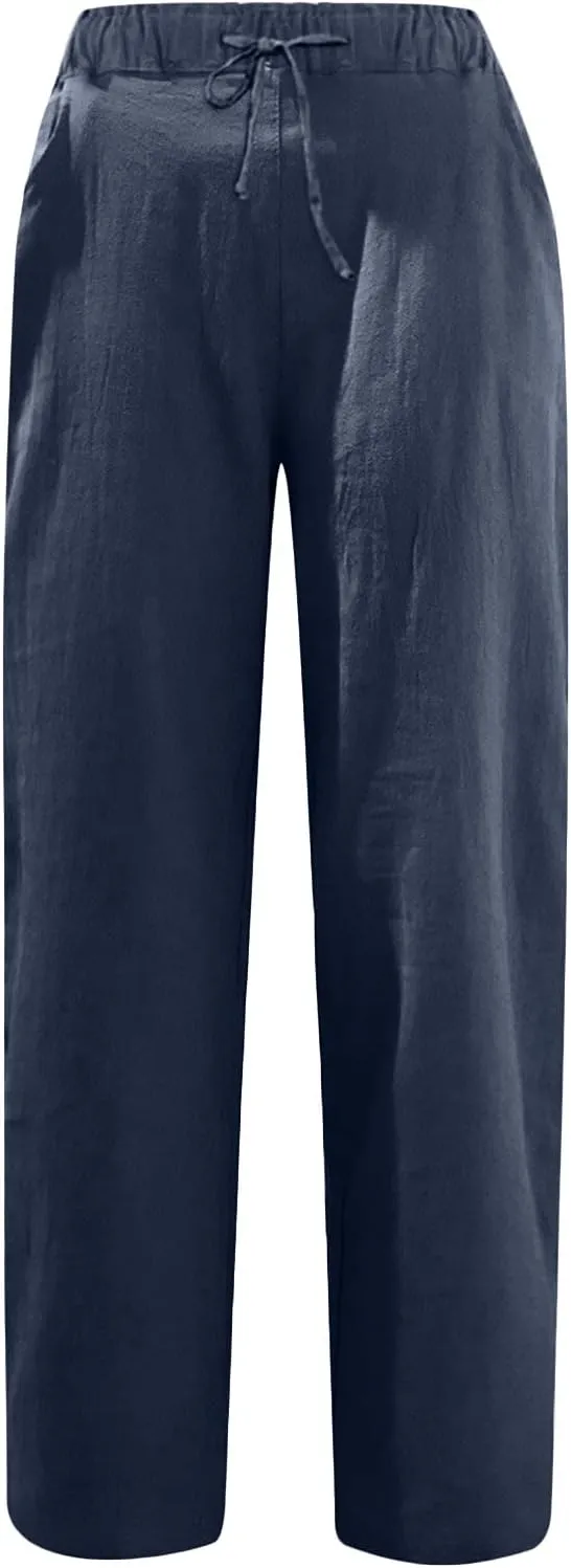 SMIDOW Women's Capris and Cropped Pants Drawstring Elastic High Waist Straight Leg Casual Loose Lounge Linen Pant Trousers