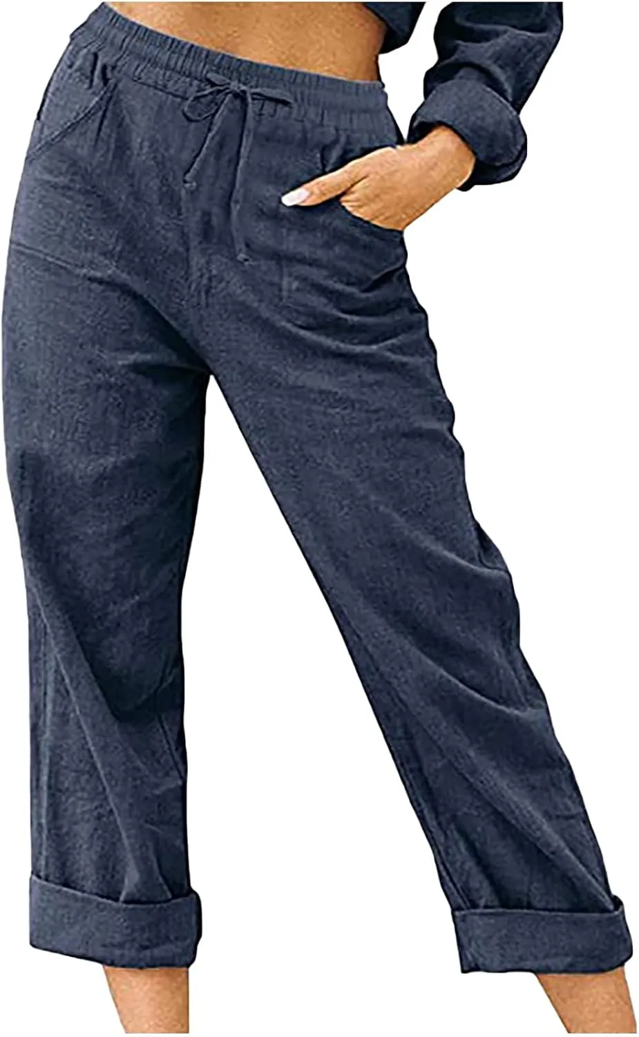 SMIDOW Women's Capris and Cropped Pants Drawstring Elastic High Waist Straight Leg Casual Loose Lounge Linen Pant Trousers