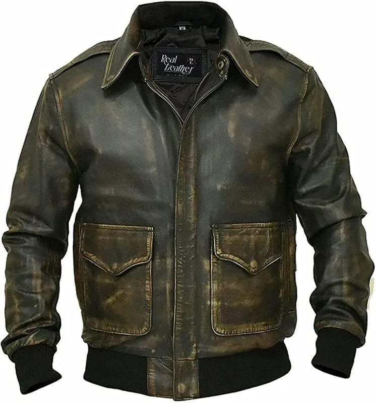 SpazeUp A2 Leather Jacket Men - Air Force Pilot Flight Distressed Brown Leather Jacket Men