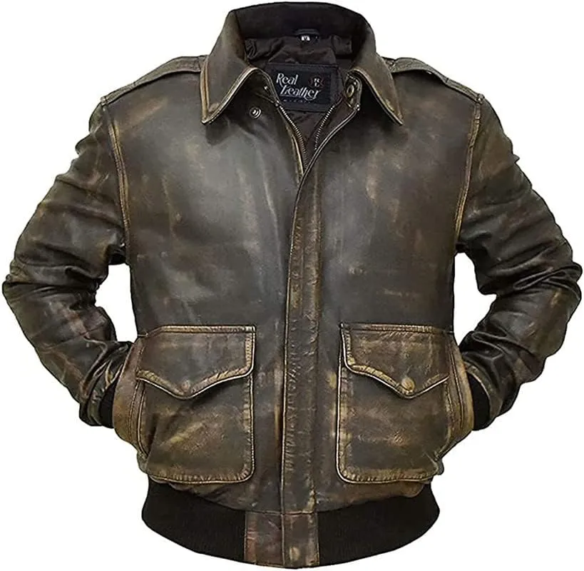 SpazeUp A2 Leather Jacket Men - Air Force Pilot Flight Distressed Brown Leather Jacket Men