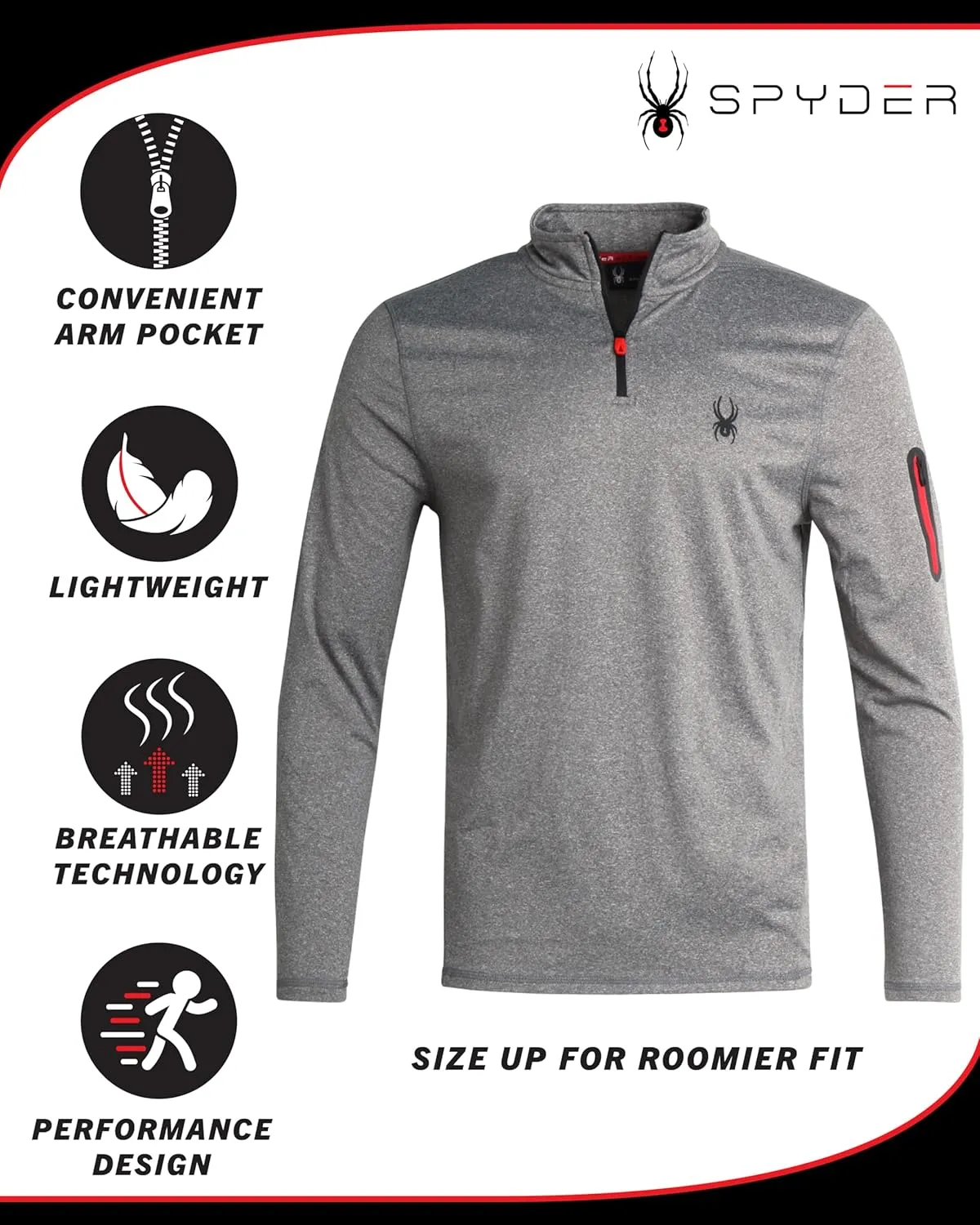 Spyder Men's Active Shirt - Quarter Zip Long Sleeve Performance Pullover - Lightweight Slim Fit Workout Shirt for Men (S-XL)