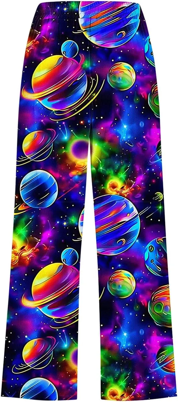 Star Universe Printed Capri Pants for Women Drawstring Straight Wide Leg Pant High Waist Casual Beach Trousers Lounge