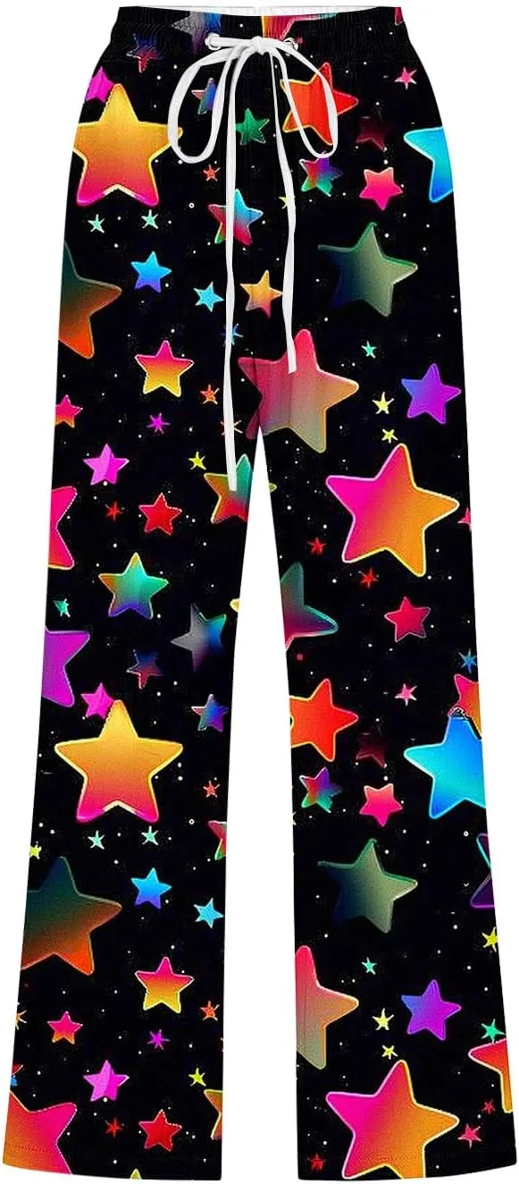 Star Universe Printed Capri Pants for Women Drawstring Straight Wide Leg Pant High Waist Casual Beach Trousers Lounge