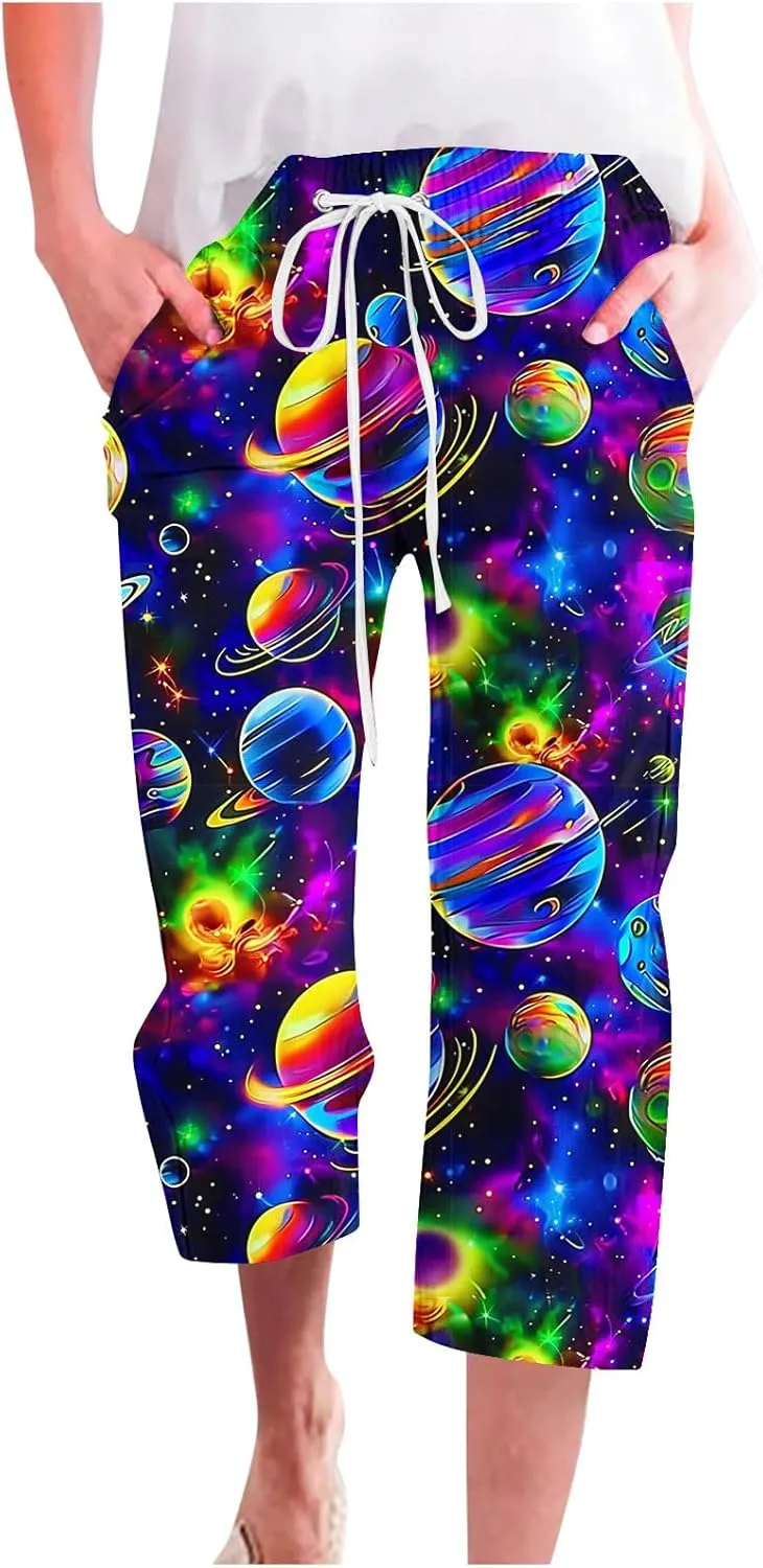 Star Universe Printed Capri Pants for Women Drawstring Straight Wide Leg Pant High Waist Casual Beach Trousers Lounge