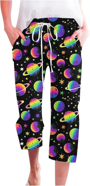 Star Universe Printed Capri Pants for Women Drawstring Straight Wide Leg Pant High Waist Casual Beach Trousers Lounge