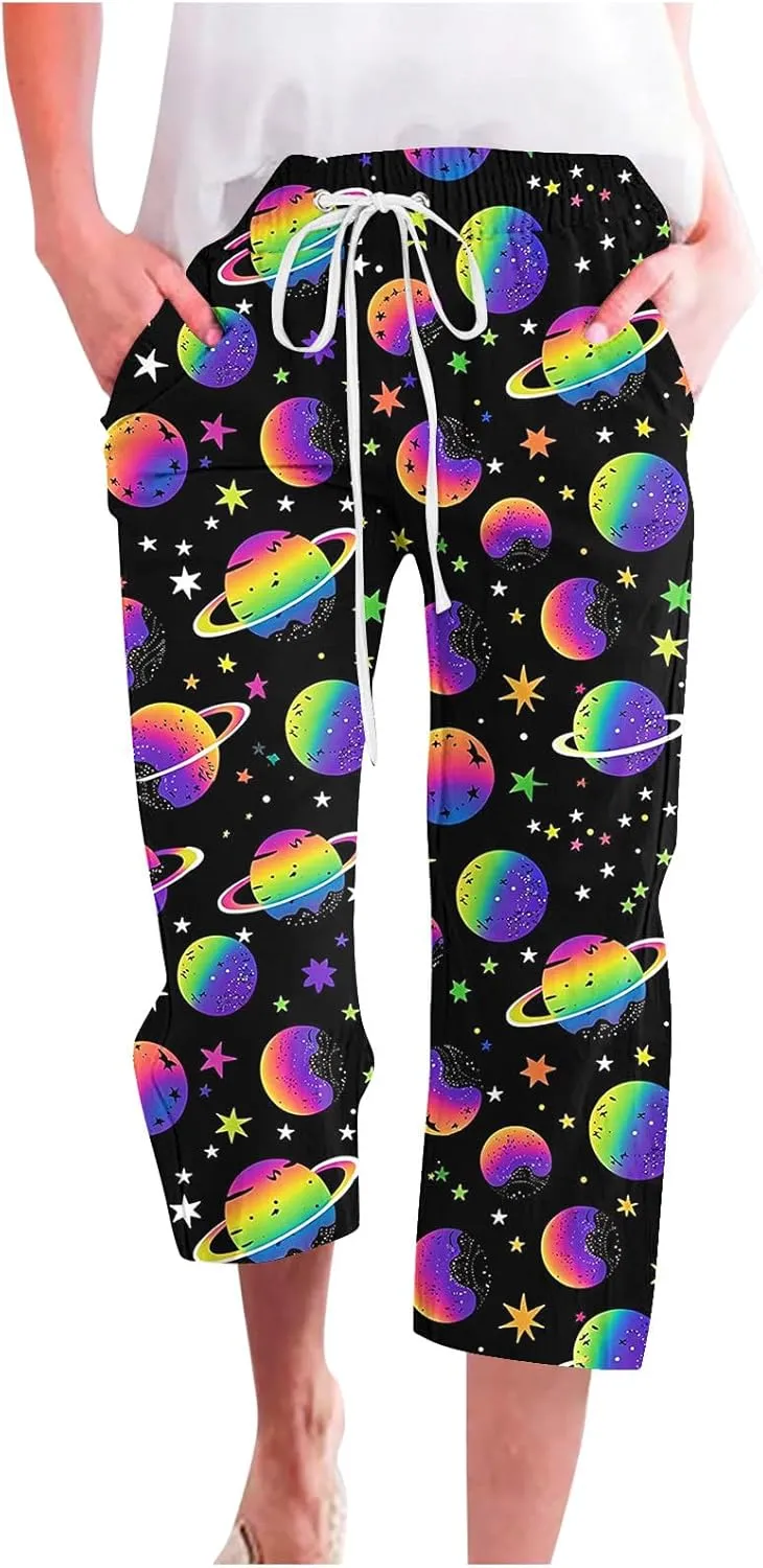 Star Universe Printed Capri Pants for Women Drawstring Straight Wide Leg Pant High Waist Casual Beach Trousers Lounge