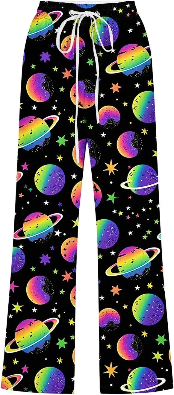 Star Universe Printed Capri Pants for Women Drawstring Straight Wide Leg Pant High Waist Casual Beach Trousers Lounge