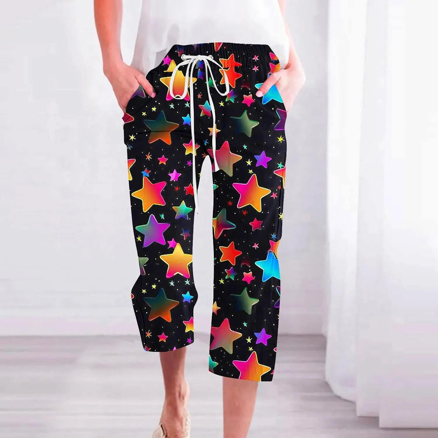 Star Universe Printed Capri Pants for Women Drawstring Straight Wide Leg Pant High Waist Casual Beach Trousers Lounge
