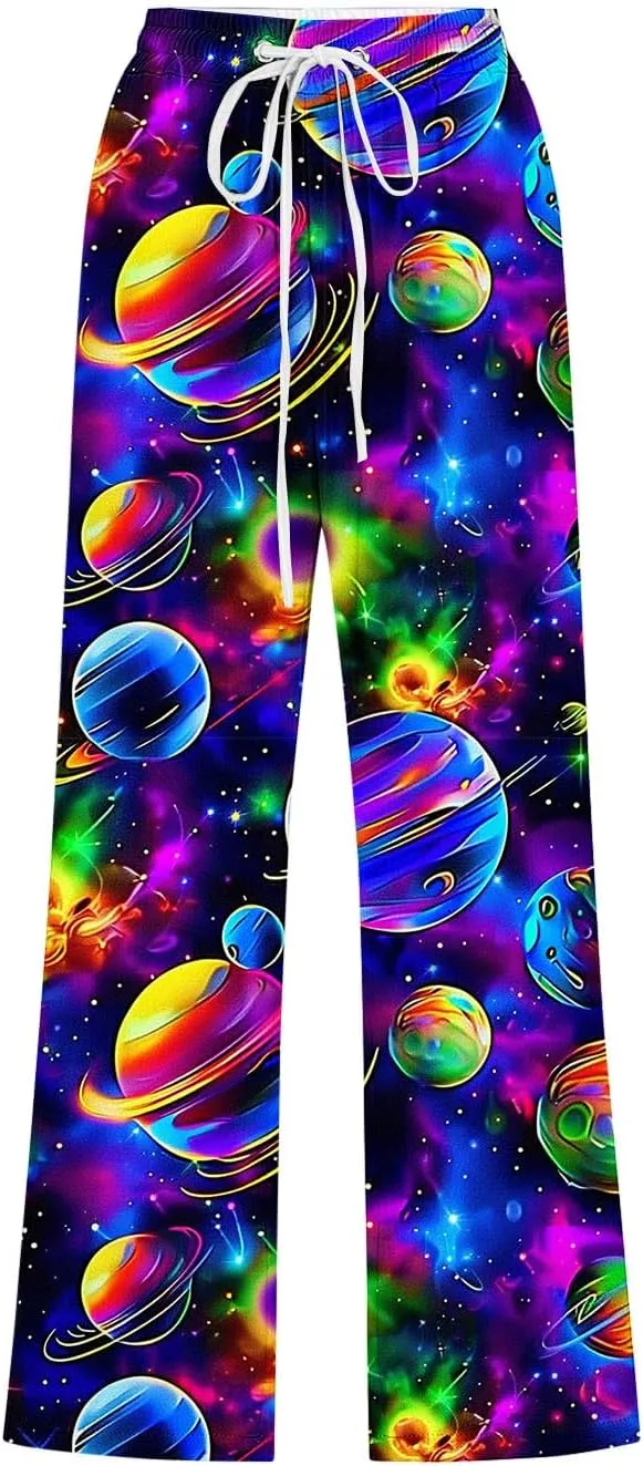 Star Universe Printed Capri Pants for Women Drawstring Straight Wide Leg Pant High Waist Casual Beach Trousers Lounge