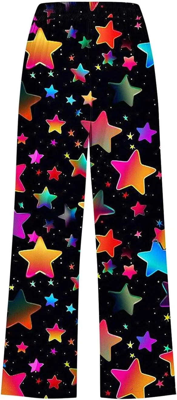 Star Universe Printed Capri Pants for Women Drawstring Straight Wide Leg Pant High Waist Casual Beach Trousers Lounge