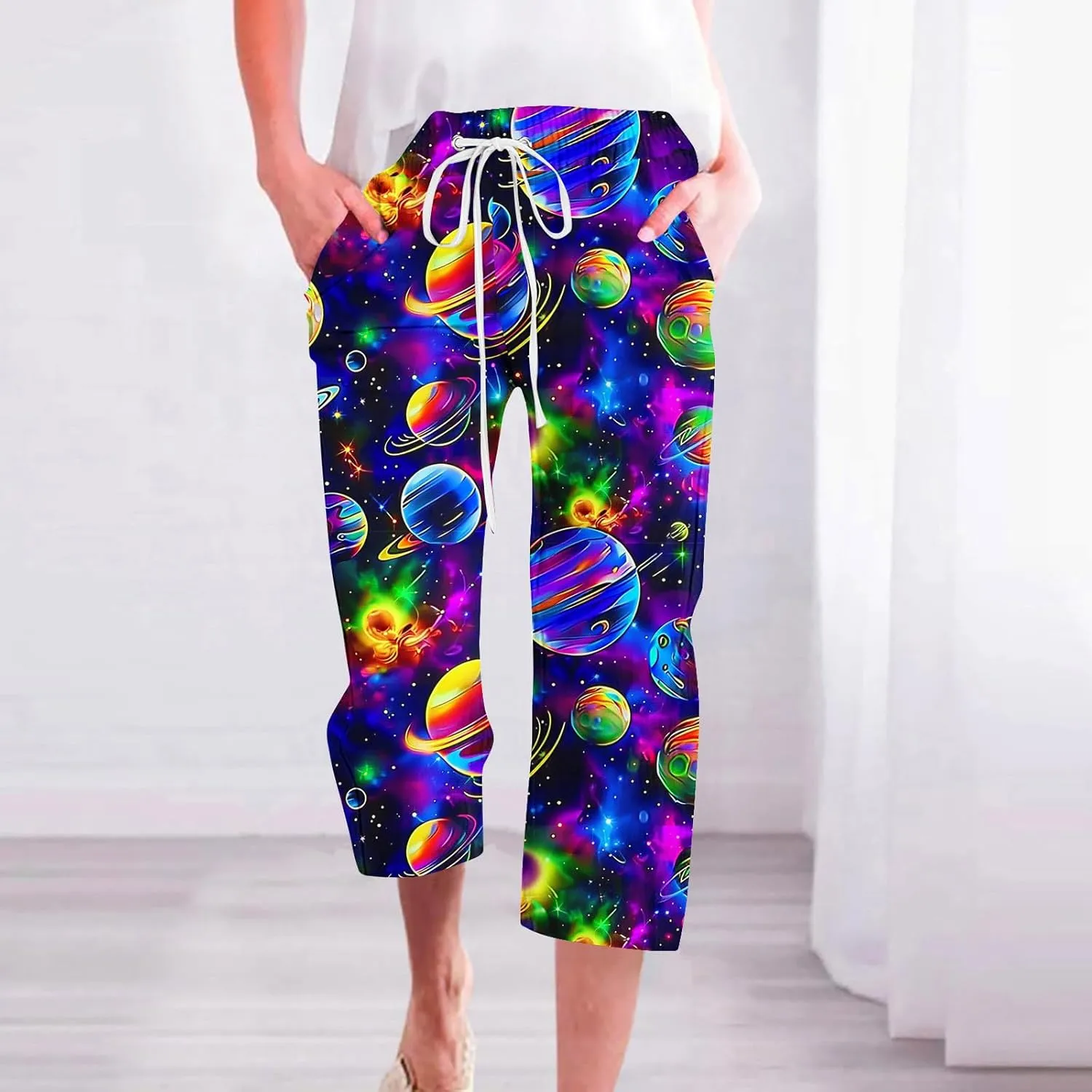 Star Universe Printed Capri Pants for Women Drawstring Straight Wide Leg Pant High Waist Casual Beach Trousers Lounge
