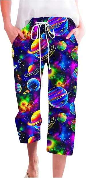 Star Universe Printed Capri Pants for Women Drawstring Straight Wide Leg Pant High Waist Casual Beach Trousers Lounge