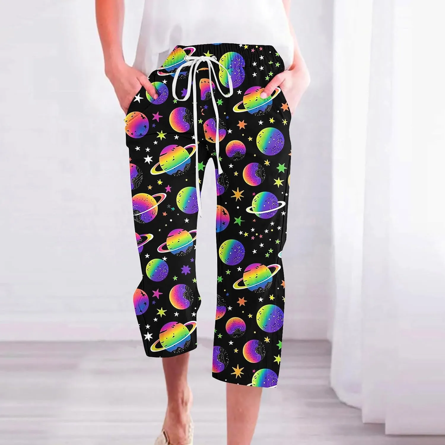 Star Universe Printed Capri Pants for Women Drawstring Straight Wide Leg Pant High Waist Casual Beach Trousers Lounge