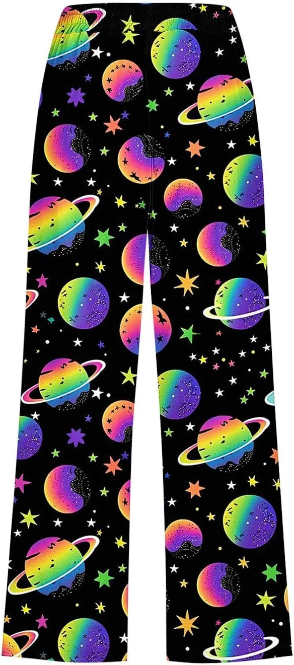 Star Universe Printed Capri Pants for Women Drawstring Straight Wide Leg Pant High Waist Casual Beach Trousers Lounge