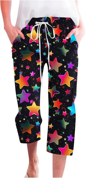 Star Universe Printed Capri Pants for Women Drawstring Straight Wide Leg Pant High Waist Casual Beach Trousers Lounge