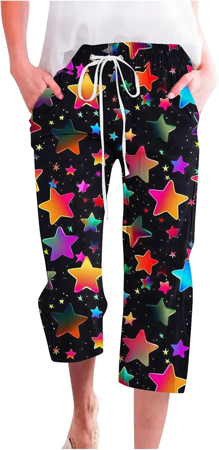 Star Universe Printed Capri Pants for Women Drawstring Straight Wide Leg Pant High Waist Casual Beach Trousers Lounge