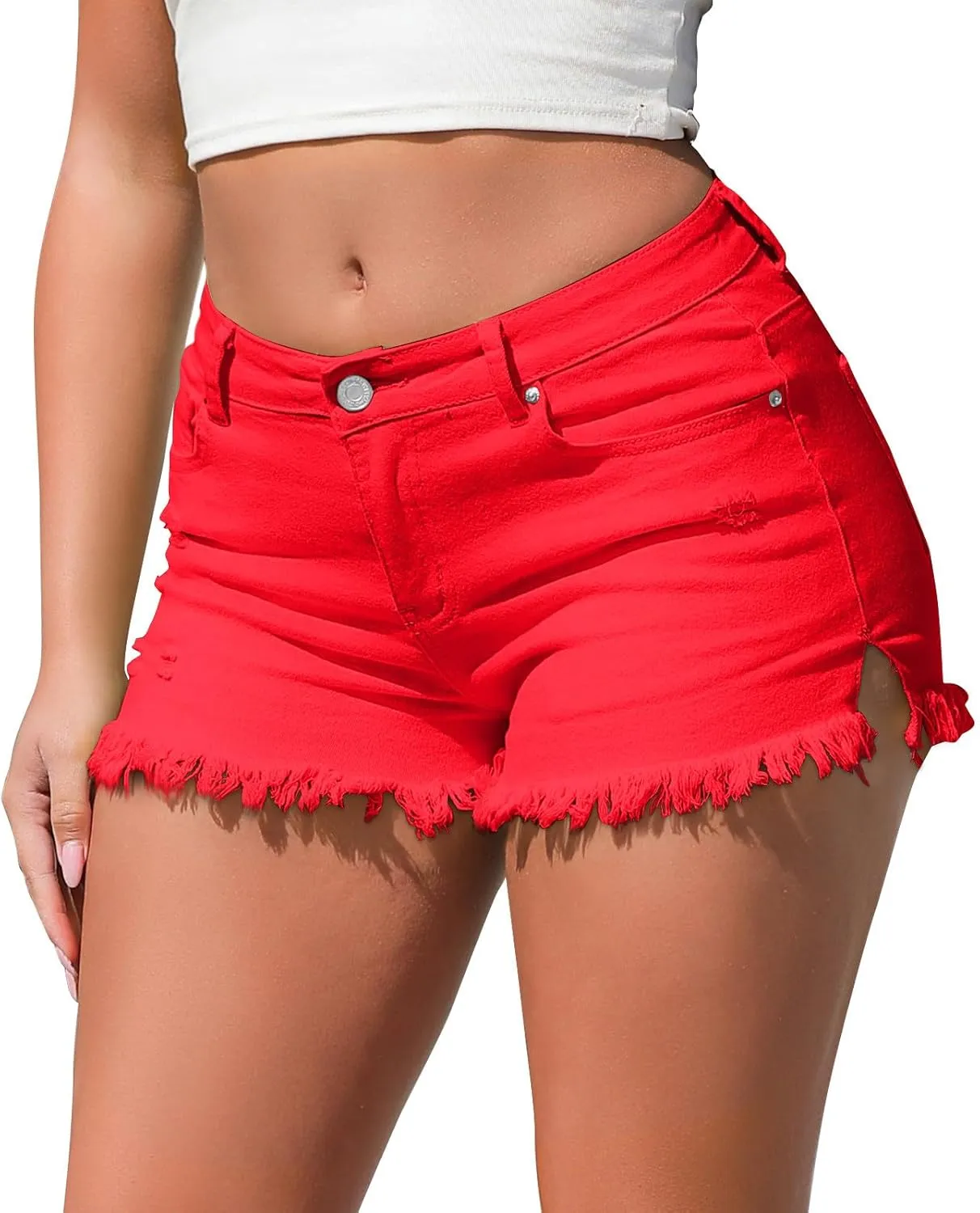 Stretchy Denim Shorts Women Frayed Raw Hemline Ripped Jean Shorts Side Slit Tummy Control High Waisted Mini Short Pants