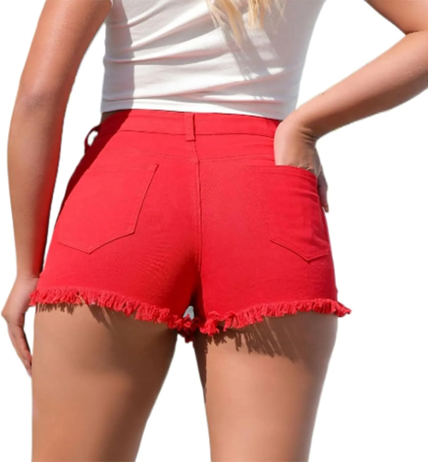 Stretchy Denim Shorts Women Frayed Raw Hemline Ripped Jean Shorts Side Slit Tummy Control High Waisted Mini Short Pants