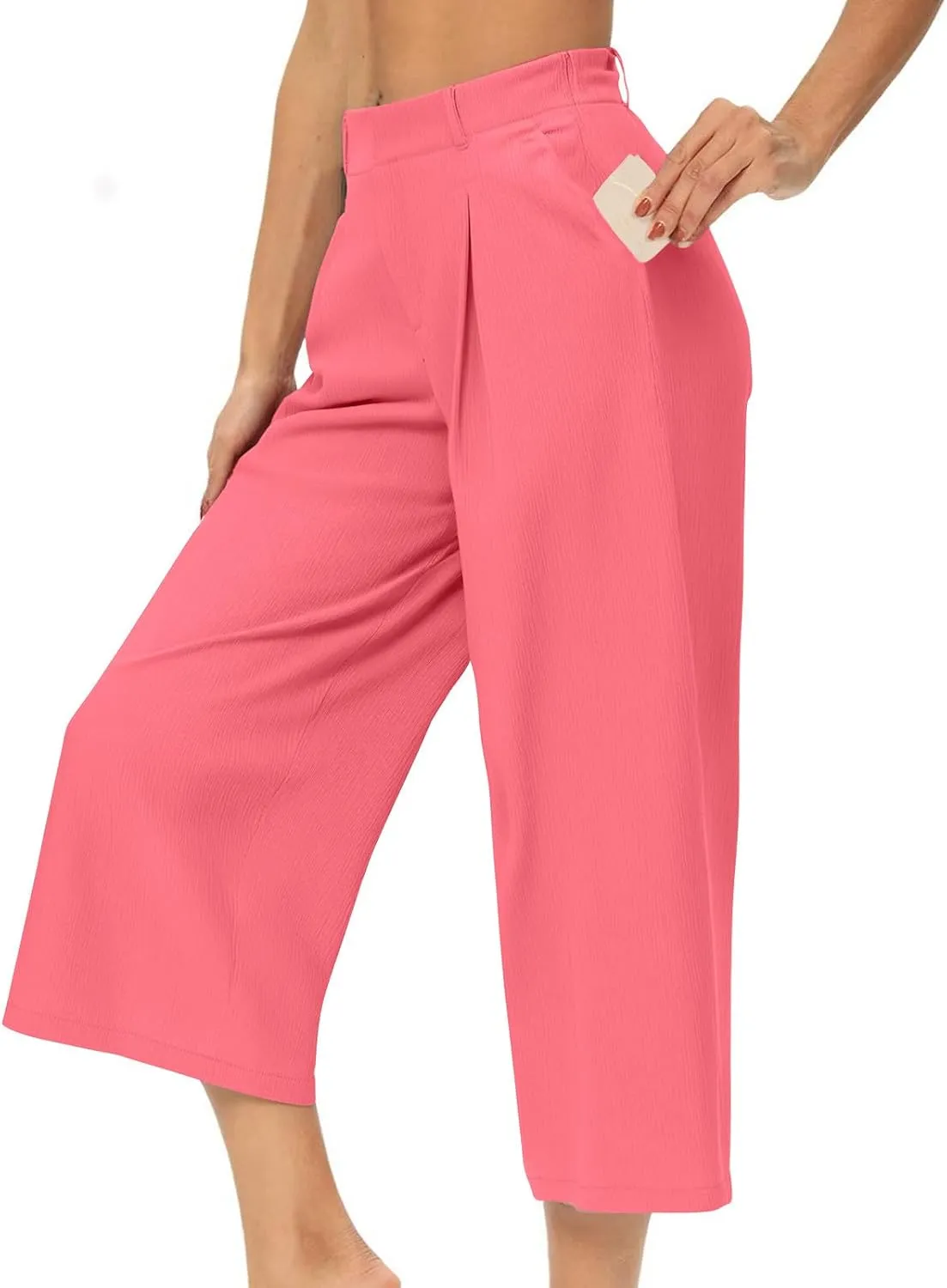 Summer Dressy Cropped Pants for Women High Waist Wide Leg Capris Loose Casual Work Pant Crop Trousers with Pocket