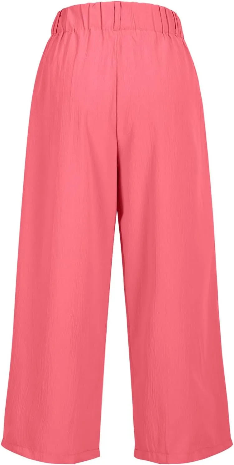 Summer Dressy Cropped Pants for Women High Waist Wide Leg Capris Loose Casual Work Pant Crop Trousers with Pocket