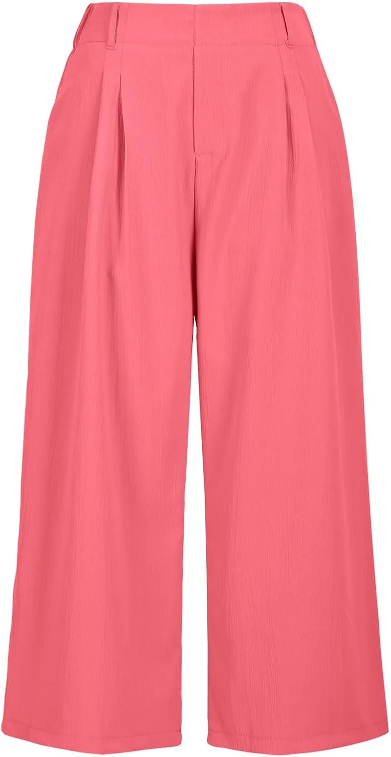 Summer Dressy Cropped Pants for Women High Waist Wide Leg Capris Loose Casual Work Pant Crop Trousers with Pocket