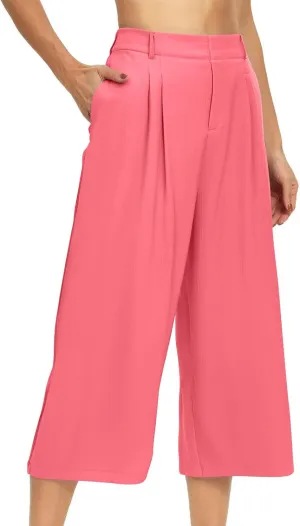 Summer Dressy Cropped Pants for Women High Waist Wide Leg Capris Loose Casual Work Pant Crop Trousers with Pocket