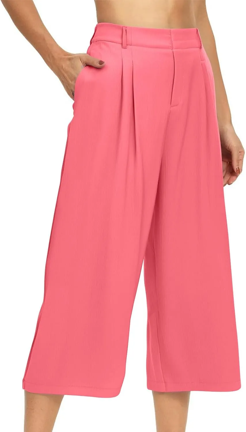 Summer Dressy Cropped Pants for Women High Waist Wide Leg Capris Loose Casual Work Pant Crop Trousers with Pocket