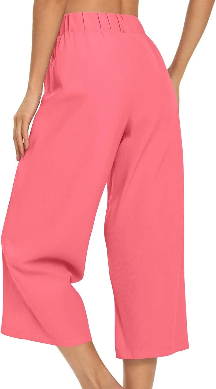 Summer Dressy Cropped Pants for Women High Waist Wide Leg Capris Loose Casual Work Pant Crop Trousers with Pocket