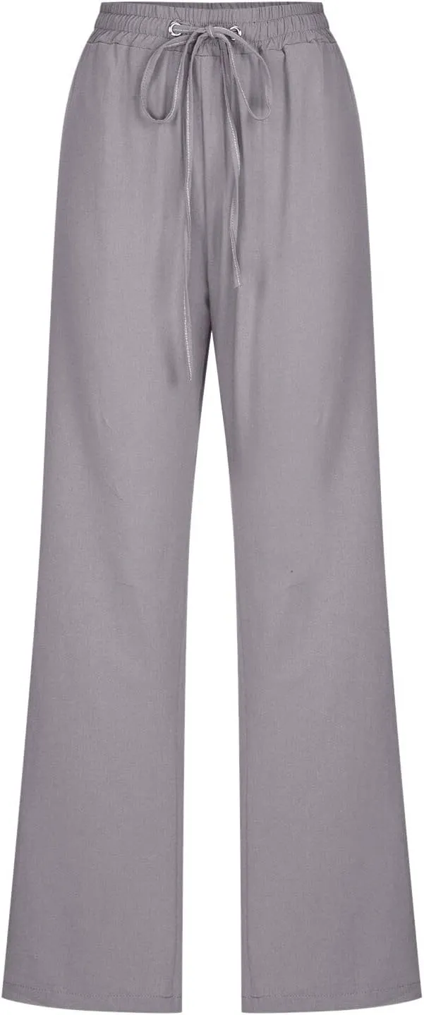 Summer Linen Pants for Women Lightweight Relax Fit Elastic Waist Solid Lounge Long Pants Trendy Beach Boho Trousers