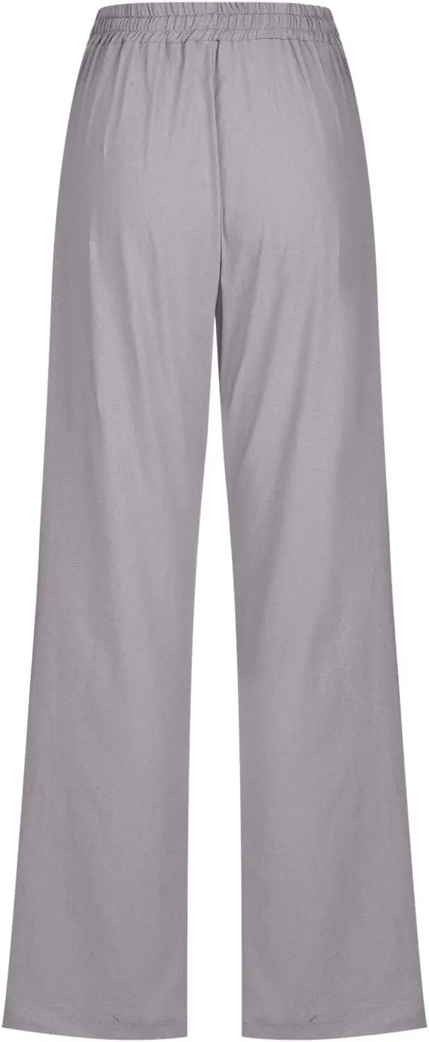 Summer Linen Pants for Women Lightweight Relax Fit Elastic Waist Solid Lounge Long Pants Trendy Beach Boho Trousers