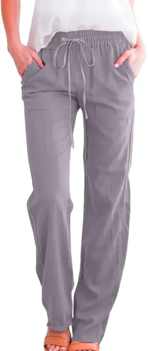 Summer Linen Pants for Women Lightweight Relax Fit Elastic Waist Solid Lounge Long Pants Trendy Beach Boho Trousers