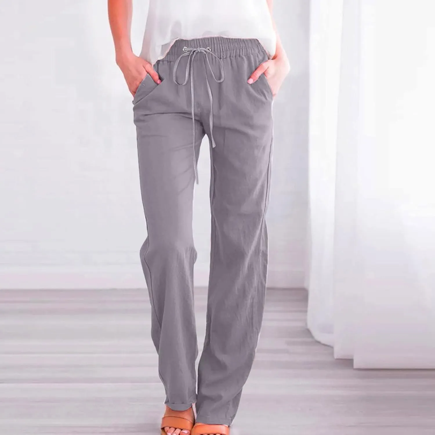 Summer Linen Pants for Women Lightweight Relax Fit Elastic Waist Solid Lounge Long Pants Trendy Beach Boho Trousers