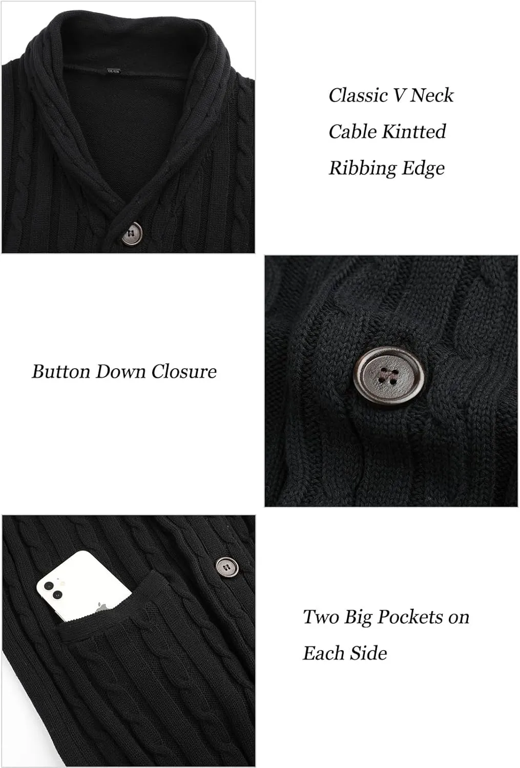 Suwangi Men's Cardigan Sweater Cable Knitted Shawl Collar Cardigans for Men V Neck Long-Sleeve Button-Down Slim Fit Sweater