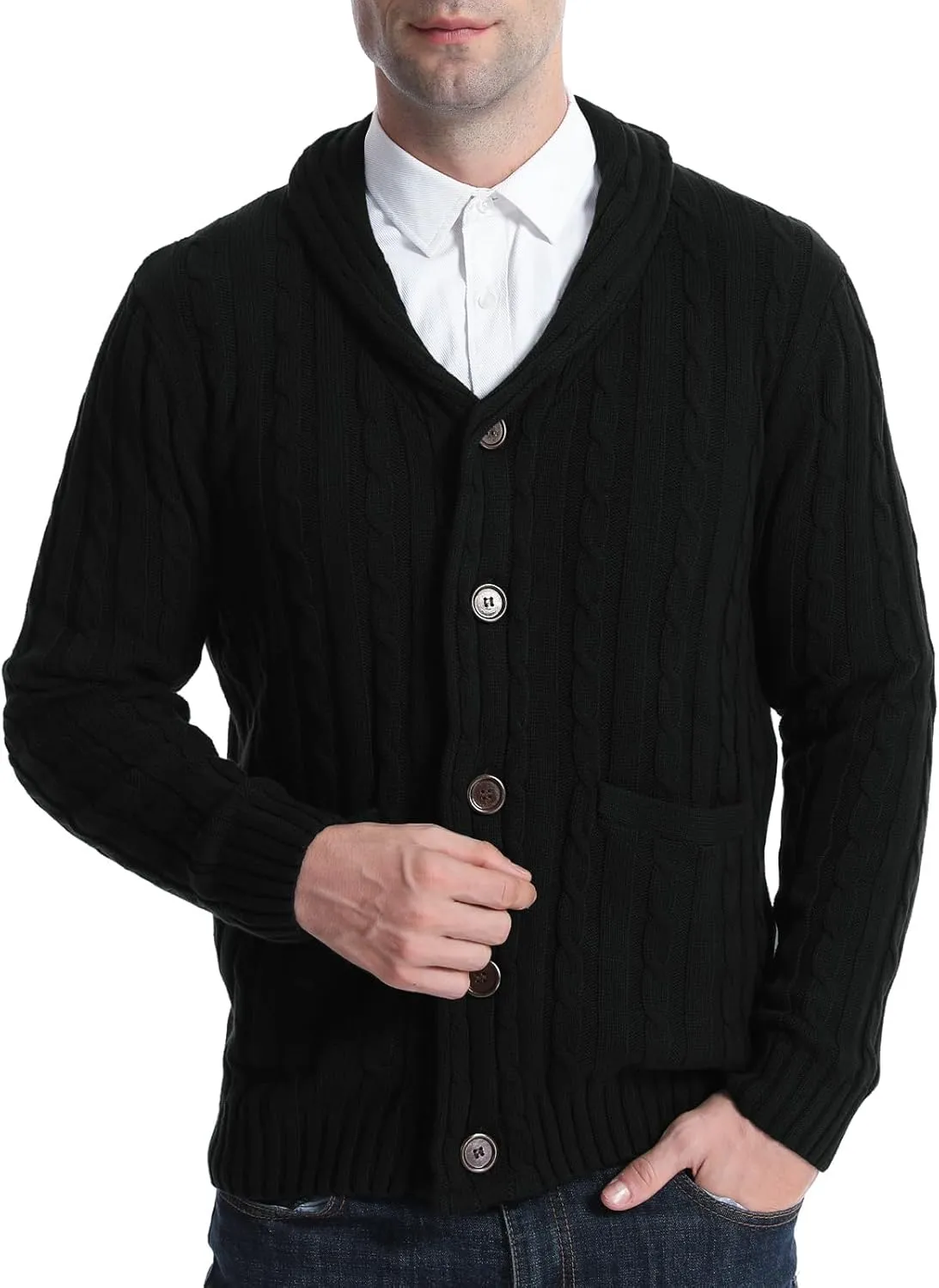 Suwangi Men's Cardigan Sweater Cable Knitted Shawl Collar Cardigans for Men V Neck Long-Sleeve Button-Down Slim Fit Sweater