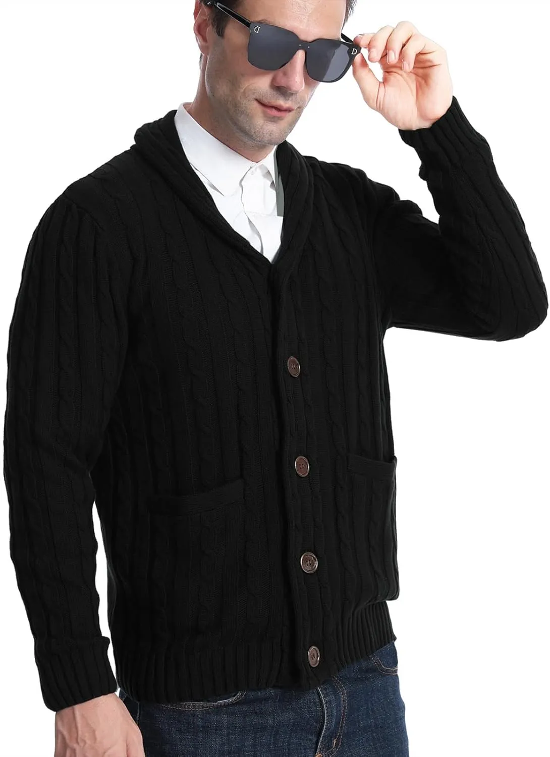 Suwangi Men's Cardigan Sweater Cable Knitted Shawl Collar Cardigans for Men V Neck Long-Sleeve Button-Down Slim Fit Sweater