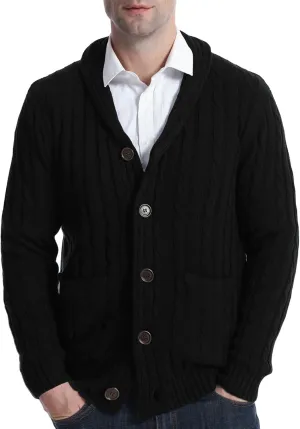 Suwangi Men's Cardigan Sweater Cable Knitted Shawl Collar Cardigans for Men V Neck Long-Sleeve Button-Down Slim Fit Sweater