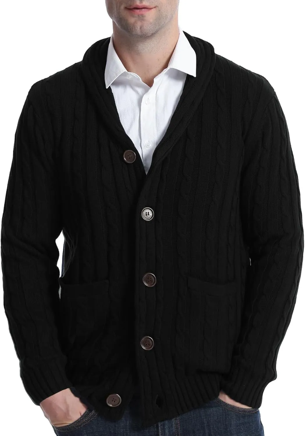 Suwangi Men's Cardigan Sweater Cable Knitted Shawl Collar Cardigans for Men V Neck Long-Sleeve Button-Down Slim Fit Sweater