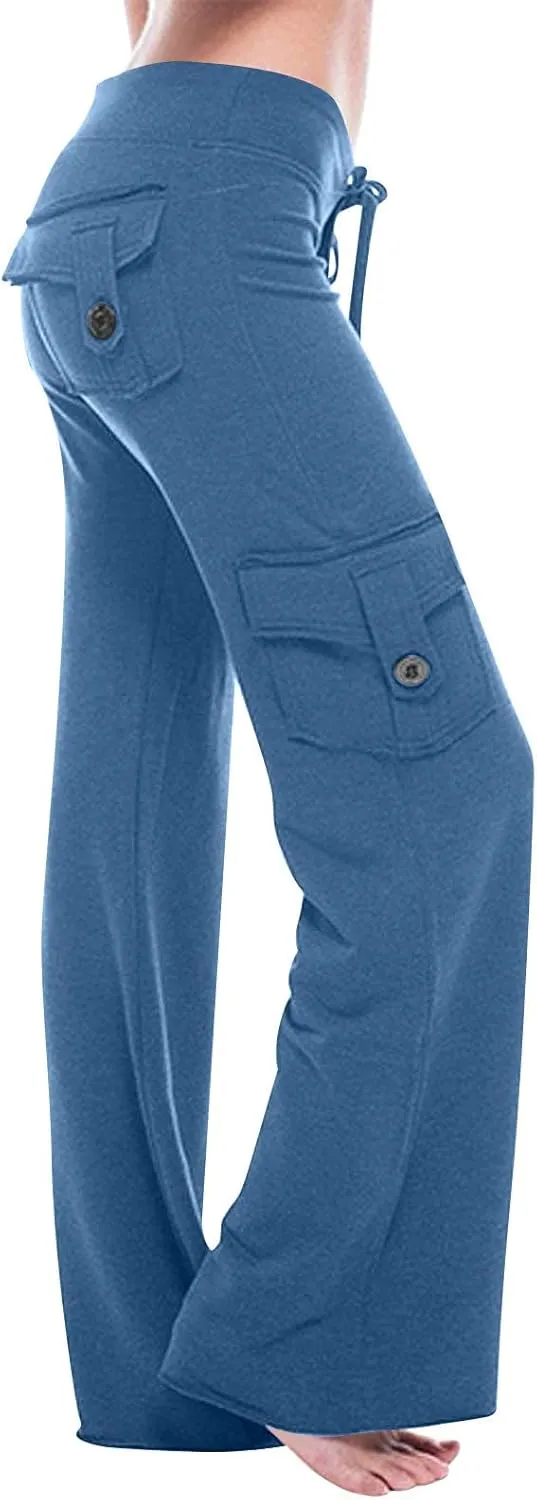 Sweatpants for Women Wide Leg Cargo Pants High Rise Yoga Leggings with Pockets Plus Size Y2K Drawstring Straight Leg Pants