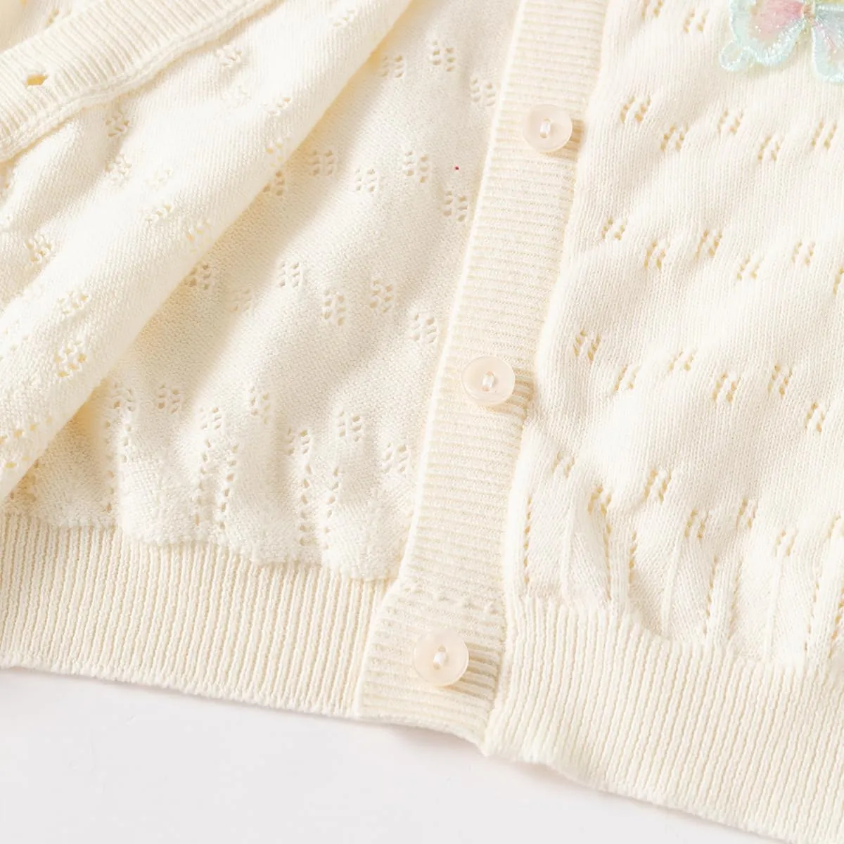 Toddler Butterfly Decor Thin Knitted Cardigan Sweater, Baby Girl's Cotton Button Front Top Clothes Sweater Mesh Coat